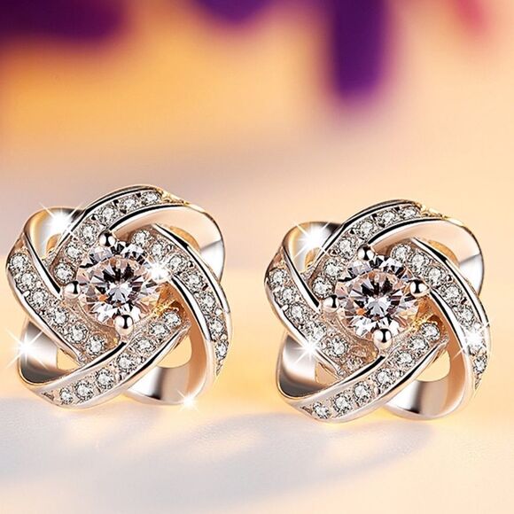 💎0122💎 STERLING SILVER FOREVER LOVE DIAMOND FLOWER KNOT NECKLACE & EARRING SET - Picture 4 of 8